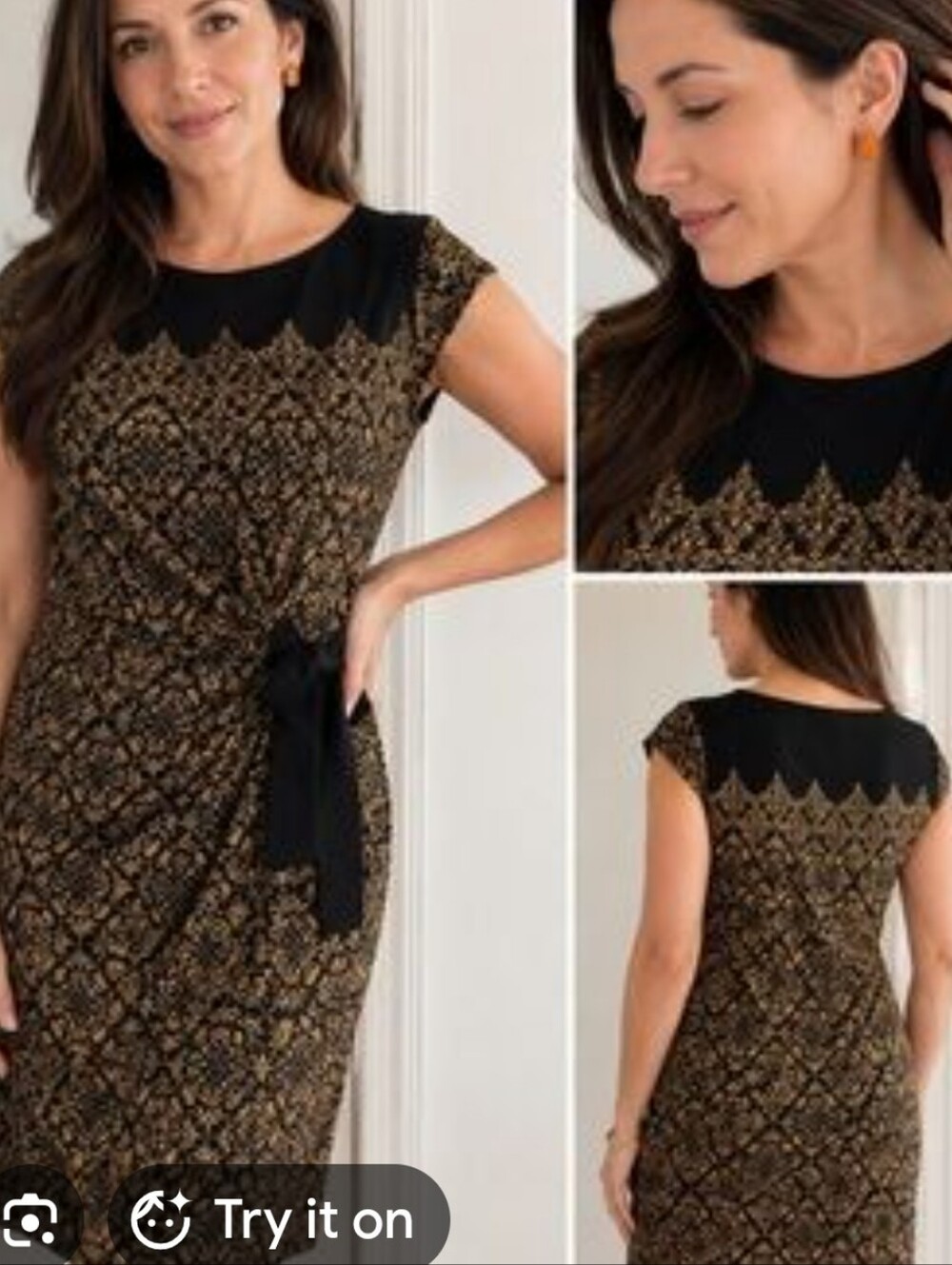 Just...Taylor Black and Gold Printed Cap-Sleeve Midi Dress